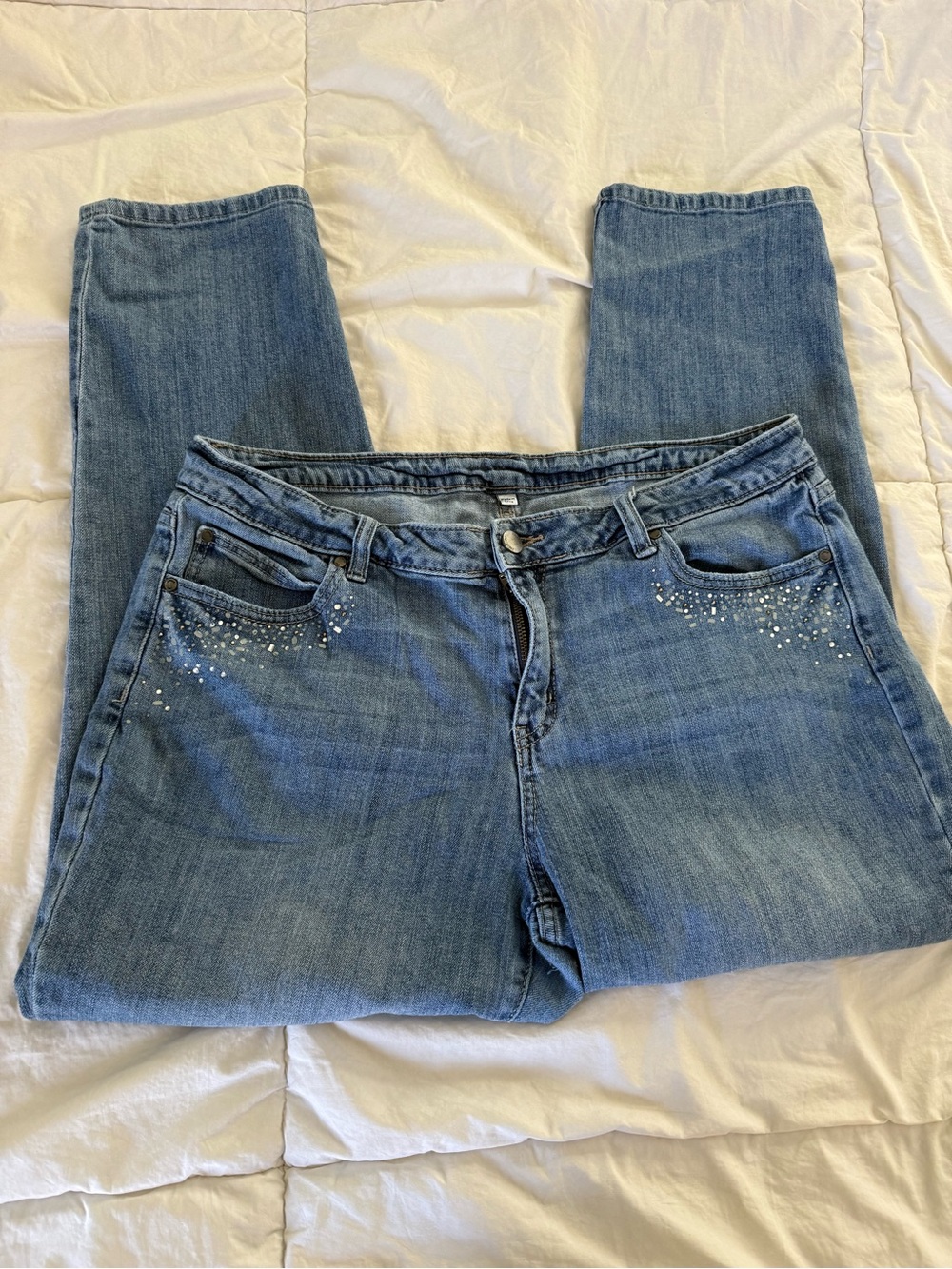 Jennifer Lopez Straight Leg Blue Denim Jeans with Rhinestone Detail